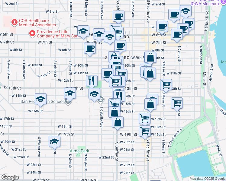 map of restaurants, bars, coffee shops, grocery stores, and more near 721 West 13th Street in Los Angeles
