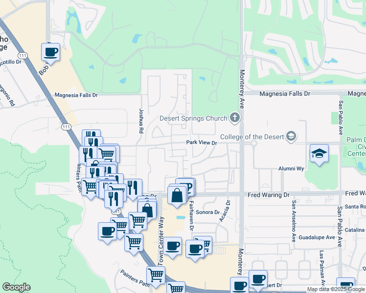 map of restaurants, bars, coffee shops, grocery stores, and more near 198 Paseo Vista Circle in Palm Desert