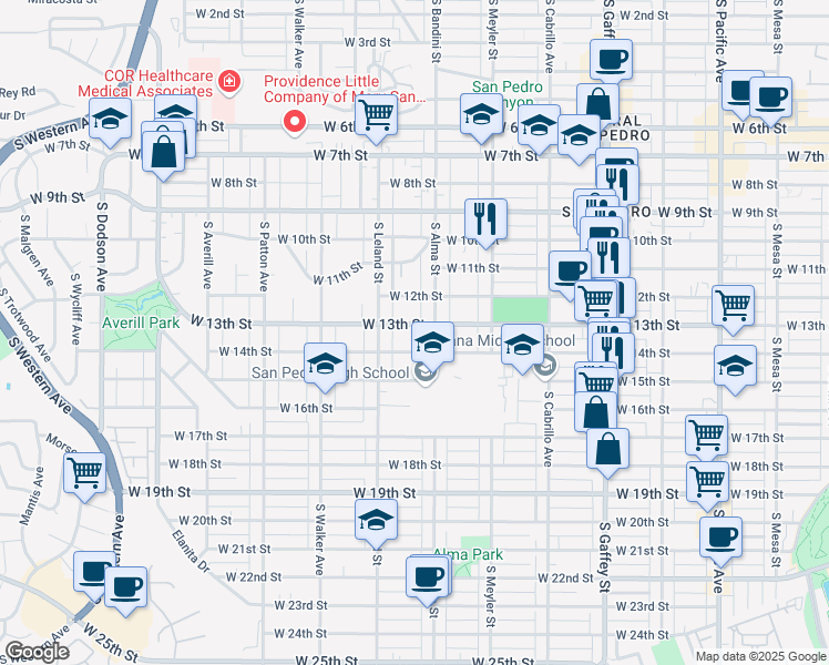 map of restaurants, bars, coffee shops, grocery stores, and more near 1035 West 13th Street in Los Angeles