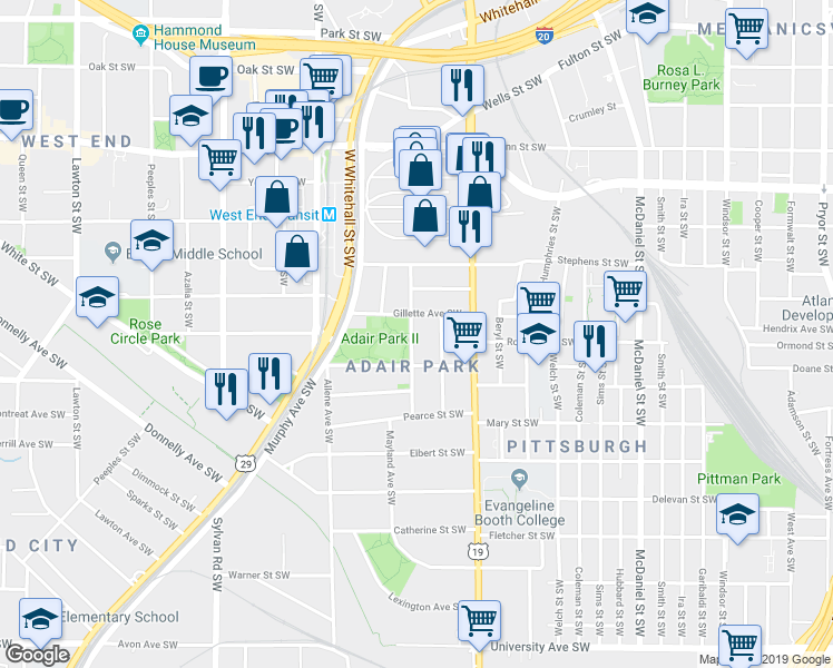 map of restaurants, bars, coffee shops, grocery stores, and more near 836 Tift Avenue Southwest in Atlanta