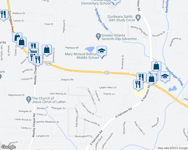 map of restaurants, bars, coffee shops, grocery stores, and more near 5169 Covington Highway in Decatur