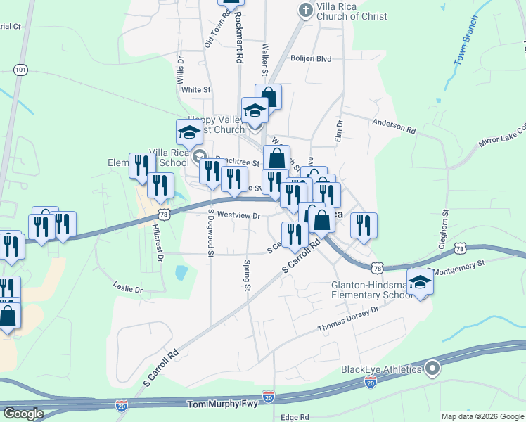 map of restaurants, bars, coffee shops, grocery stores, and more near 217 Westview Drive in Villa Rica