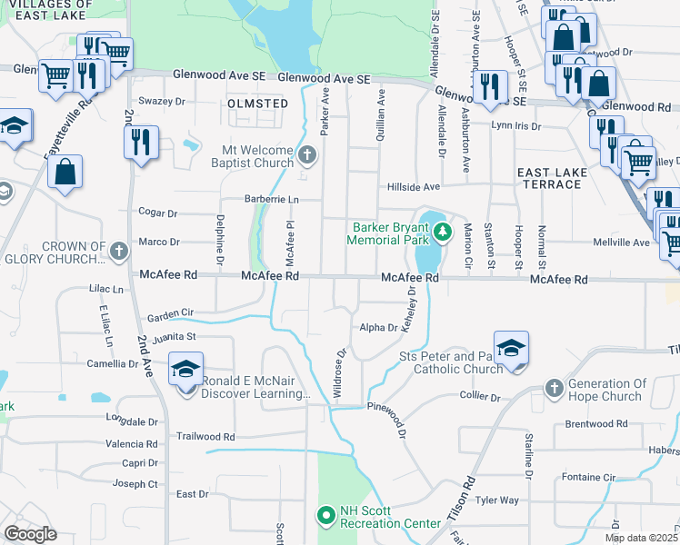 map of restaurants, bars, coffee shops, grocery stores, and more near 2021 Connie Lane in Decatur