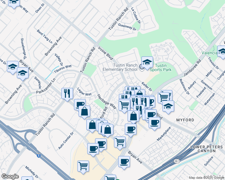 map of restaurants, bars, coffee shops, grocery stores, and more near 13211 Myford Road in Tustin