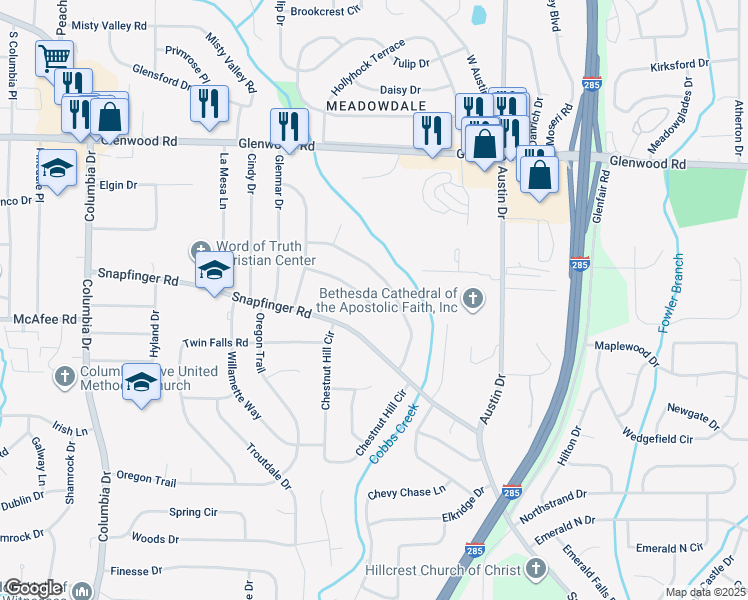 map of restaurants, bars, coffee shops, grocery stores, and more near 3674 Glen Falls Drive in Decatur