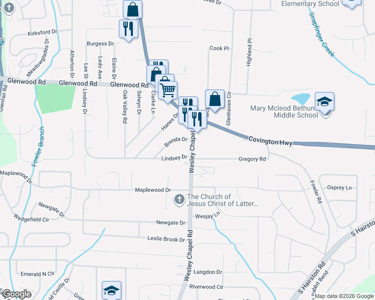 map of restaurants, bars, coffee shops, grocery stores, and more near 4272 Lindsey Drive in Decatur