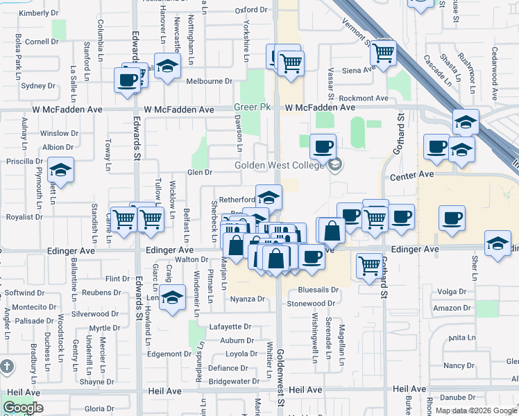 map of restaurants, bars, coffee shops, grocery stores, and more near 6911 Breeland Drive in Huntington Beach