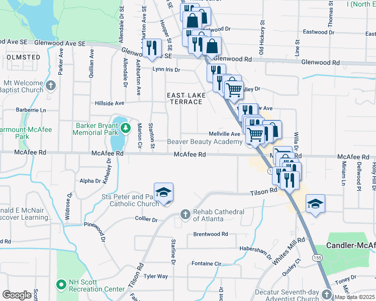 map of restaurants, bars, coffee shops, grocery stores, and more near 2452 McAfee Road in Decatur
