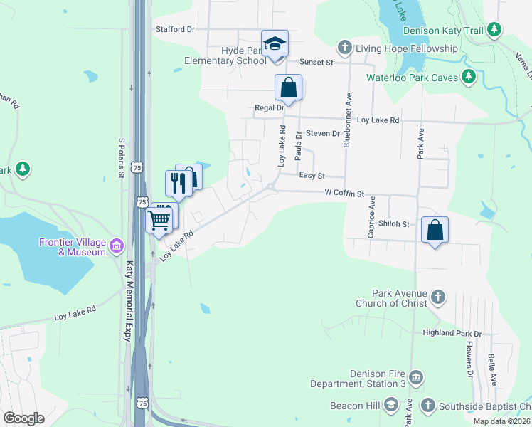 map of restaurants, bars, coffee shops, grocery stores, and more near 2800 Loy Lake Road in Denison