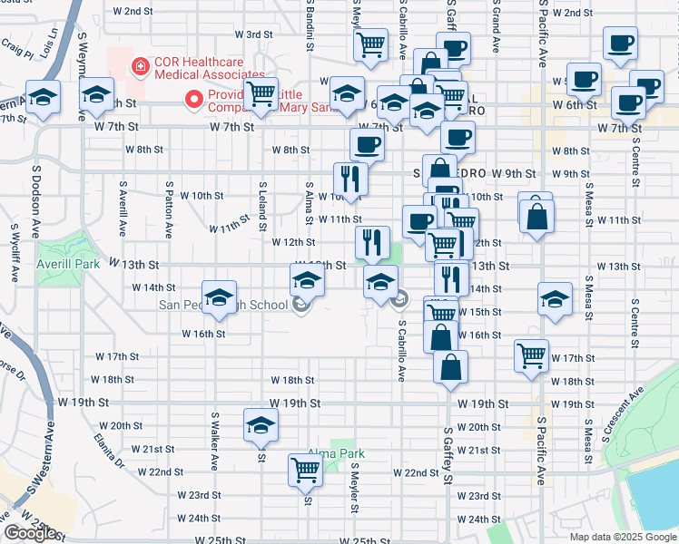 map of restaurants, bars, coffee shops, grocery stores, and more near 935 West 13th Street in Los Angeles