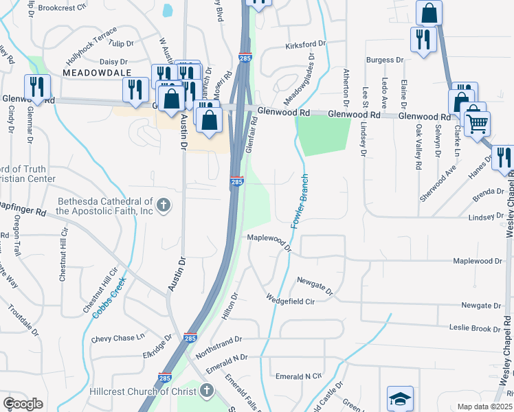 map of restaurants, bars, coffee shops, grocery stores, and more near 2002 Glenfair Road in Decatur