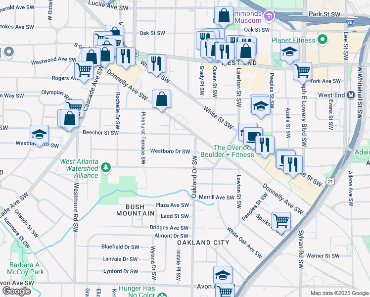 map of restaurants, bars, coffee shops, grocery stores, and more near 1235 Westboro Drive Southwest in Atlanta