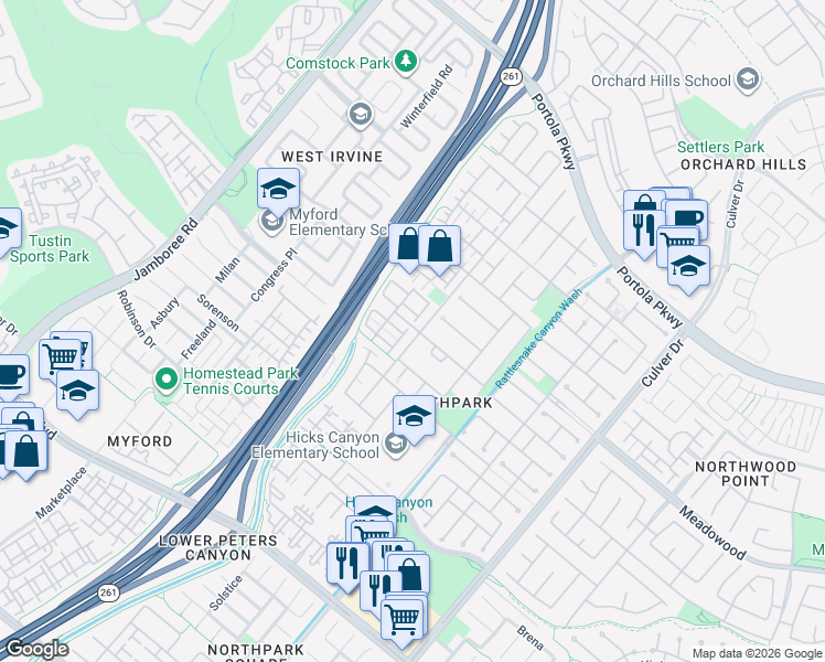 map of restaurants, bars, coffee shops, grocery stores, and more near 22 Apple Valley in Irvine
