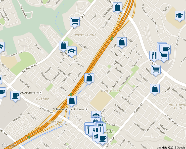 map of restaurants, bars, coffee shops, grocery stores, and more near 16 Mineral King in Irvine