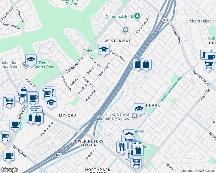 map of restaurants, bars, coffee shops, grocery stores, and more near 80 Glen Arbor in Irvine