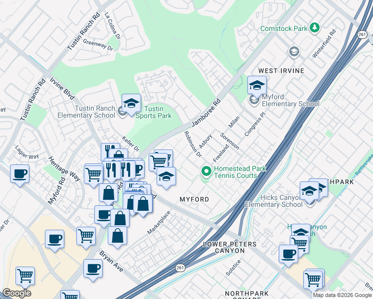 map of restaurants, bars, coffee shops, grocery stores, and more near 40 Asbury in Irvine
