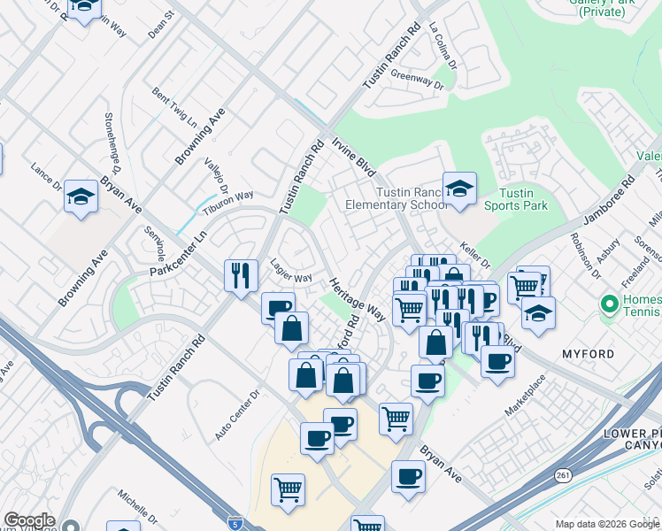 map of restaurants, bars, coffee shops, grocery stores, and more near 2564 San Saba Street in Tustin