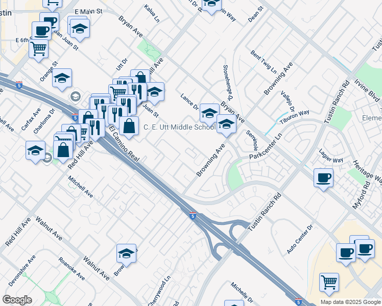 map of restaurants, bars, coffee shops, grocery stores, and more near 1861 Harvest Circle in Tustin