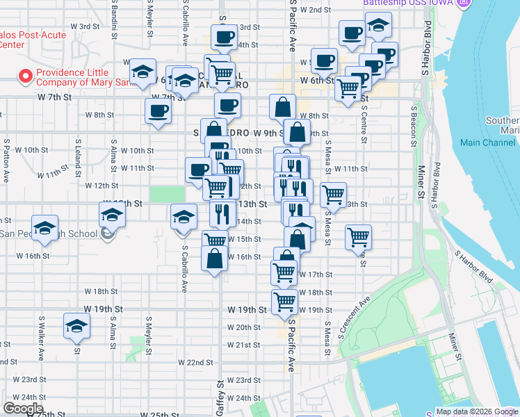 map of restaurants, bars, coffee shops, grocery stores, and more near 595 West 13th Street in Los Angeles