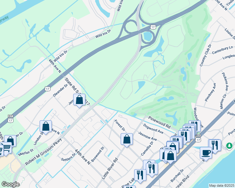 map of restaurants, bars, coffee shops, grocery stores, and more near 5416 Knobcone Loop in Myrtle Beach