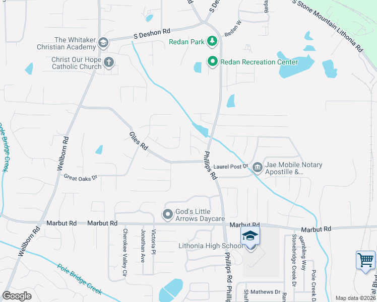 map of restaurants, bars, coffee shops, grocery stores, and more near 1961 Phillips Lake Bluff in Lithonia