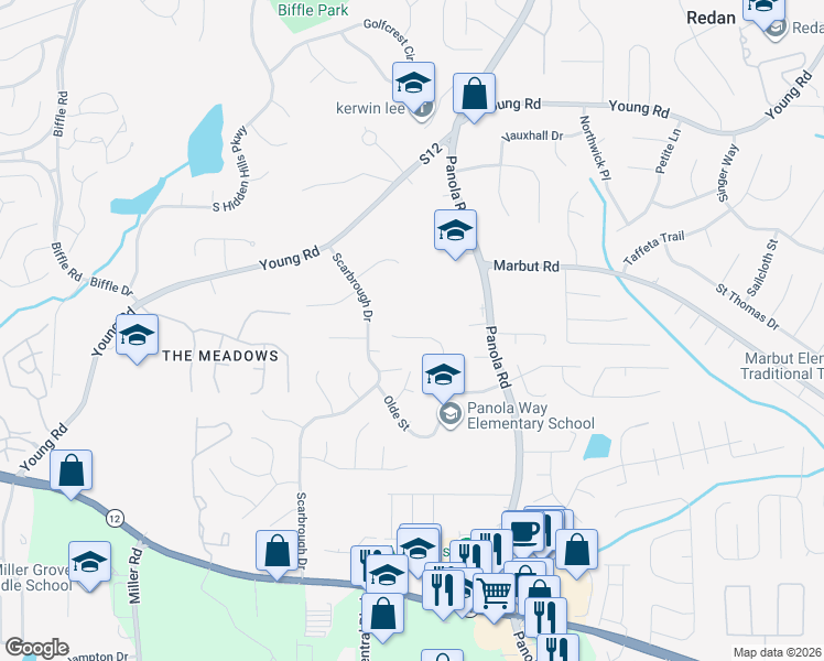 map of restaurants, bars, coffee shops, grocery stores, and more near 2054 Panola Way Court in Lithonia