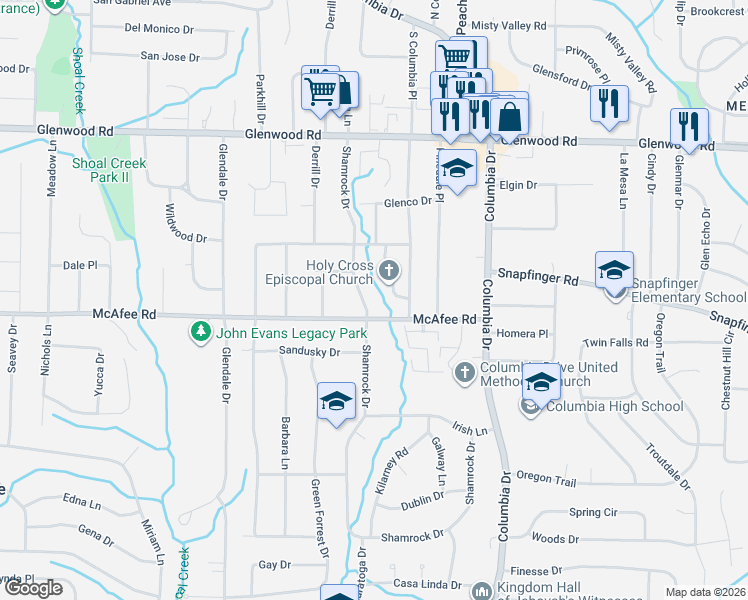 map of restaurants, bars, coffee shops, grocery stores, and more near 2005 South Columbia Place in Decatur