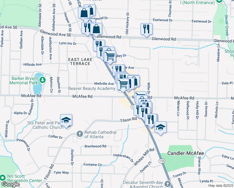 map of restaurants, bars, coffee shops, grocery stores, and more near 2570 McAfee Road in Decatur