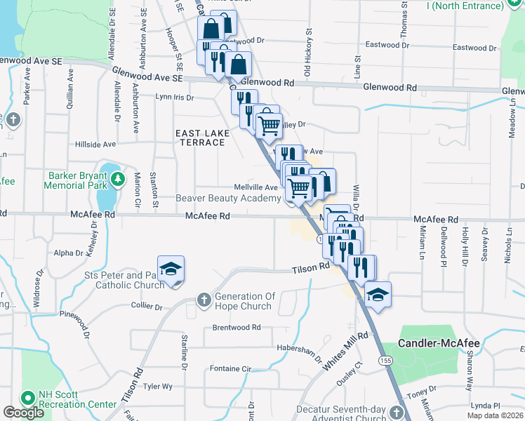 map of restaurants, bars, coffee shops, grocery stores, and more near 2533 McAfee Road in Decatur