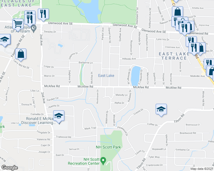 map of restaurants, bars, coffee shops, grocery stores, and more near 701 Daniel Avenue in Decatur
