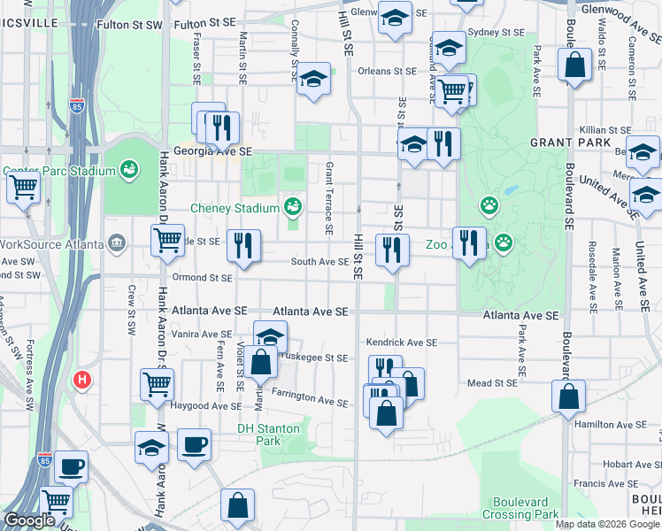 map of restaurants, bars, coffee shops, grocery stores, and more near 255 South Avenue Southeast in Atlanta