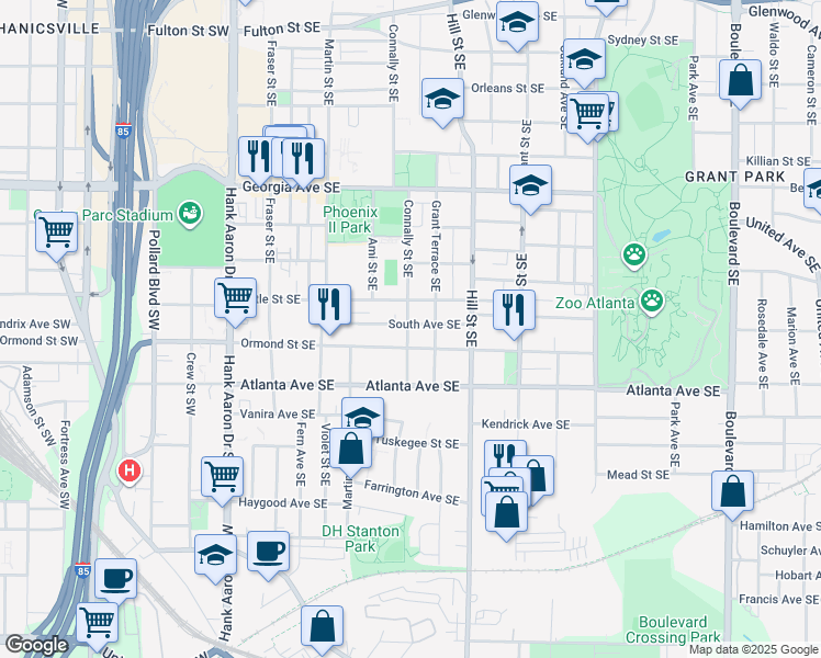 map of restaurants, bars, coffee shops, grocery stores, and more near 206 Ormond Street Southeast in Atlanta