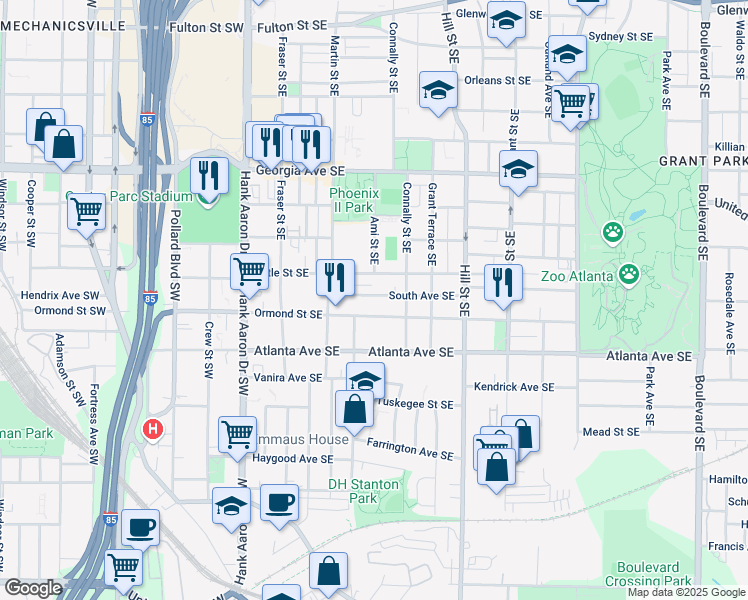 map of restaurants, bars, coffee shops, grocery stores, and more near 168 Ormond Street Southeast in Atlanta