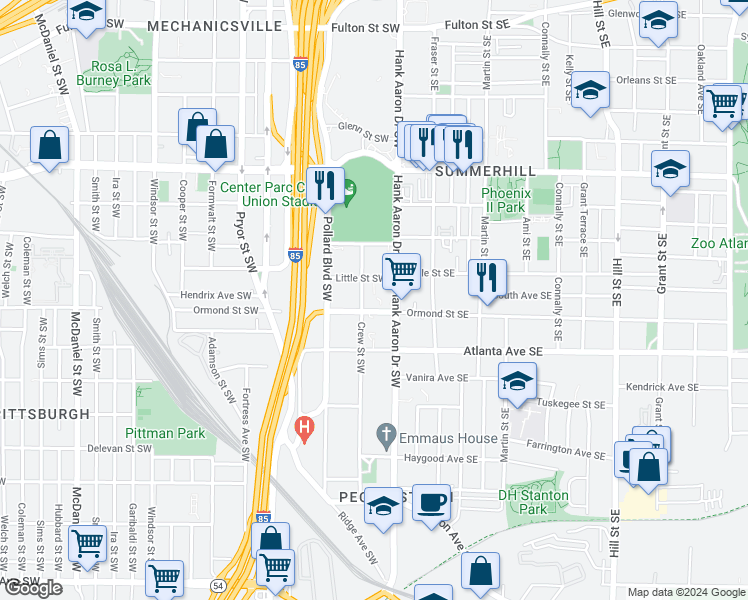 map of restaurants, bars, coffee shops, grocery stores, and more near 830 Crew Street Southwest in Atlanta