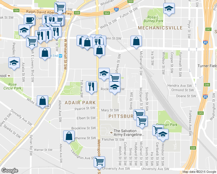 map of restaurants, bars, coffee shops, grocery stores, and more near 575 Rockwell Street Southwest in Atlanta