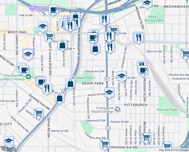 map of restaurants, bars, coffee shops, grocery stores, and more near 836 Tift Avenue Southwest in Atlanta