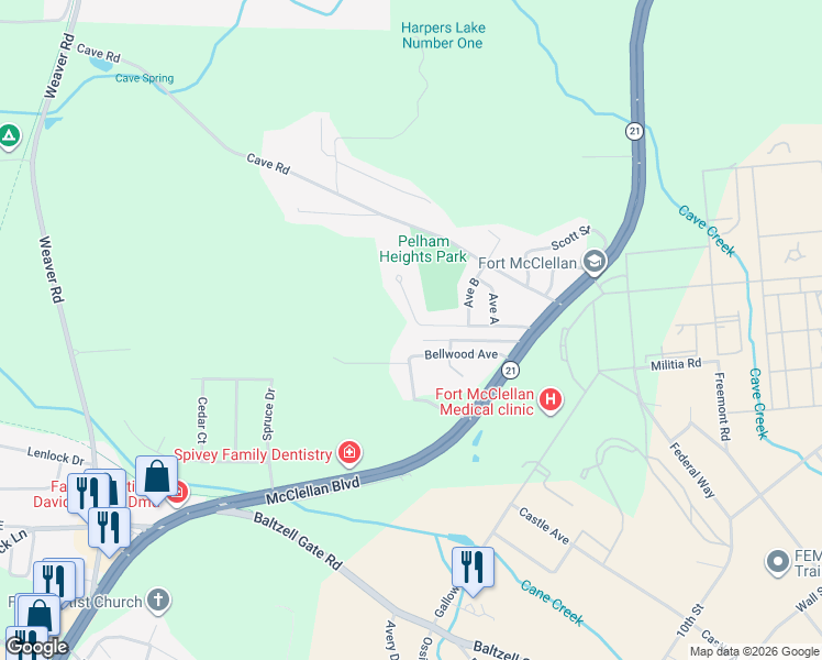map of restaurants, bars, coffee shops, grocery stores, and more near 62 Pelham Heights in Anniston