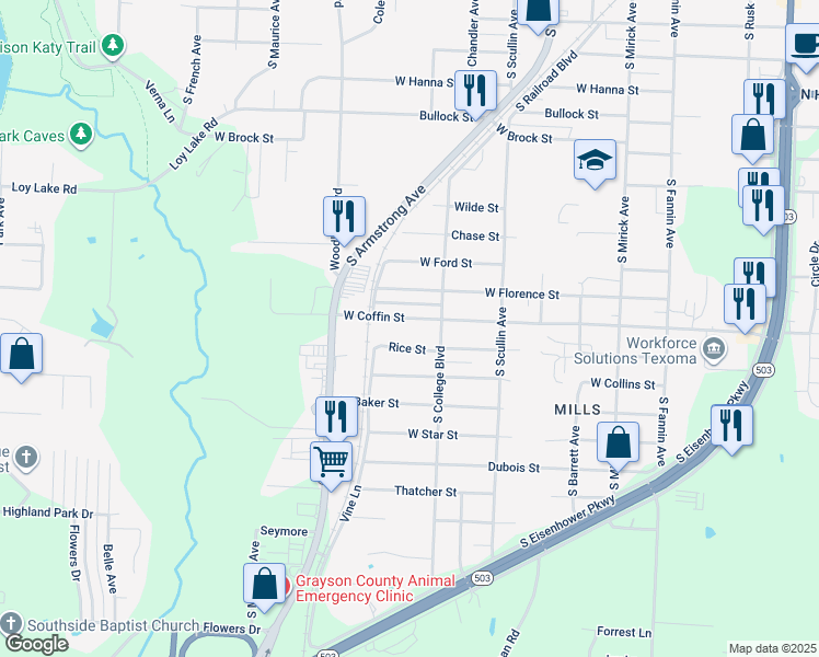 map of restaurants, bars, coffee shops, grocery stores, and more near 1009 Rice Street in Denison