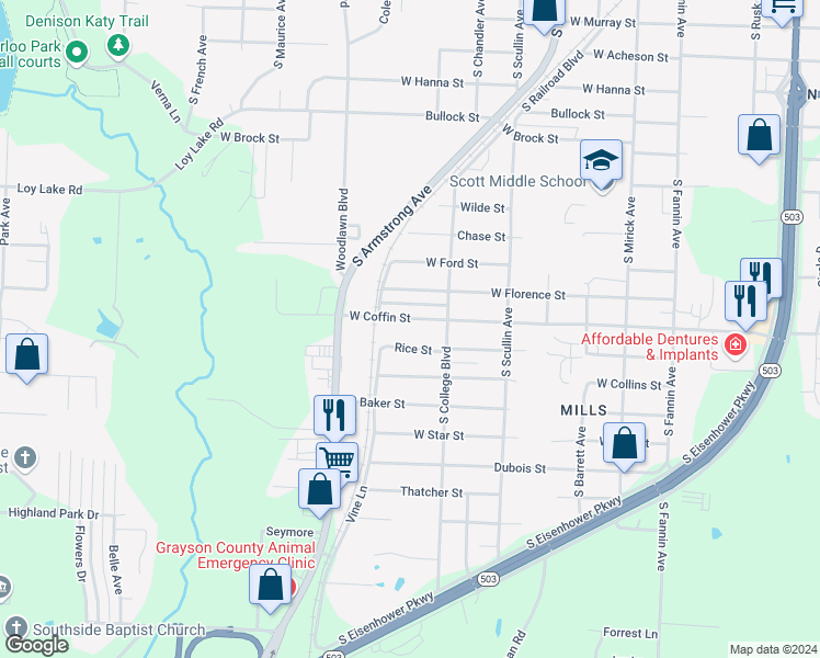 map of restaurants, bars, coffee shops, grocery stores, and more near 1009 Rice Street in Denison