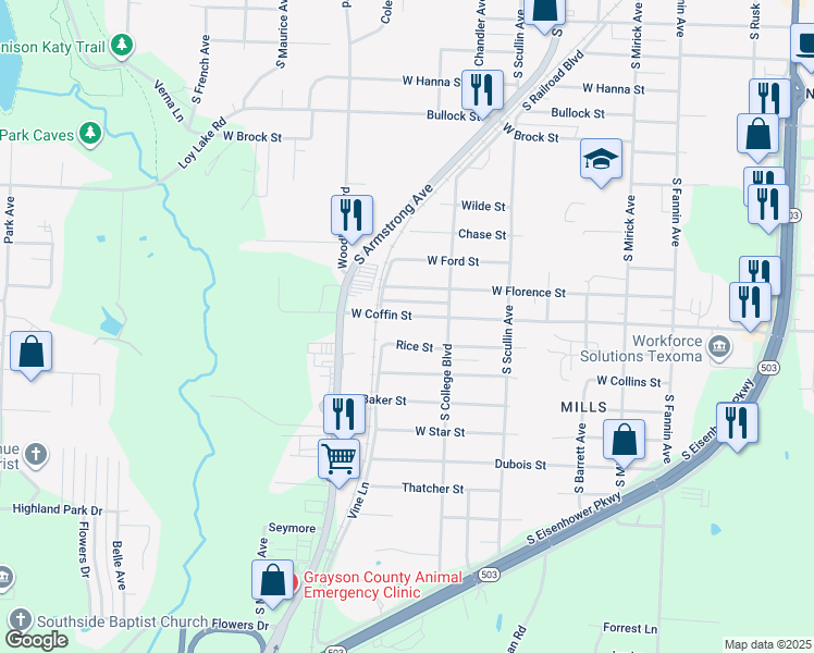 map of restaurants, bars, coffee shops, grocery stores, and more near 1025 Rice Street in Denison