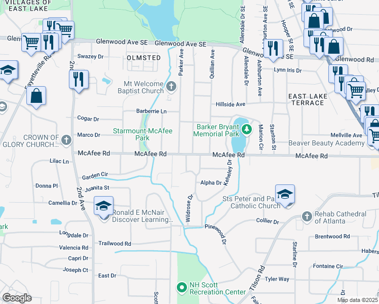 map of restaurants, bars, coffee shops, grocery stores, and more near 701 Daniel Avenue in Decatur