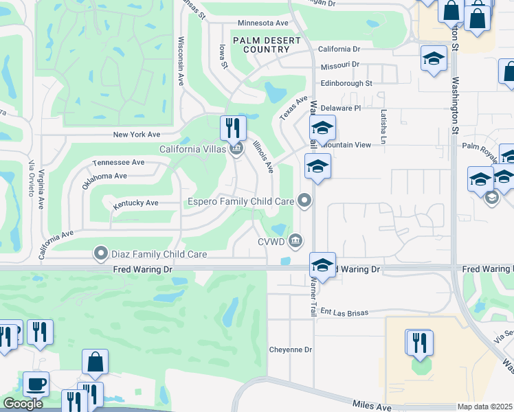 map of restaurants, bars, coffee shops, grocery stores, and more near 77285 Indiana Avenue in Palm Desert