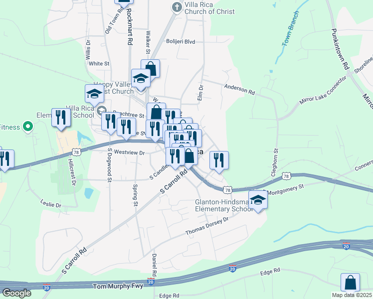 map of restaurants, bars, coffee shops, grocery stores, and more near Temple Street in Villa Rica