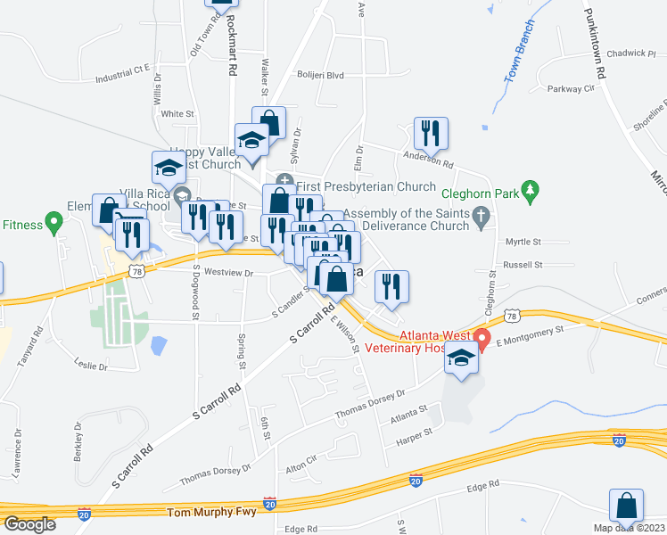 map of restaurants, bars, coffee shops, grocery stores, and more near 301 Temple Street in Villa Rica