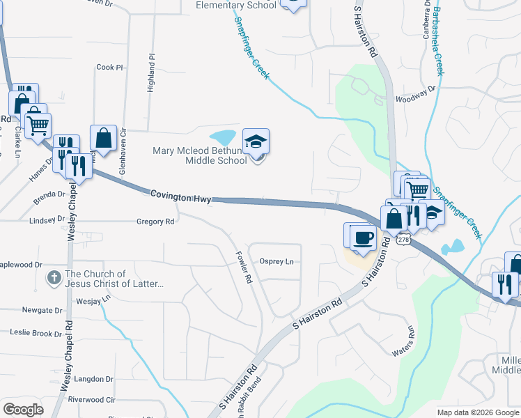 map of restaurants, bars, coffee shops, grocery stores, and more near 5211 Covington Highway in Decatur
