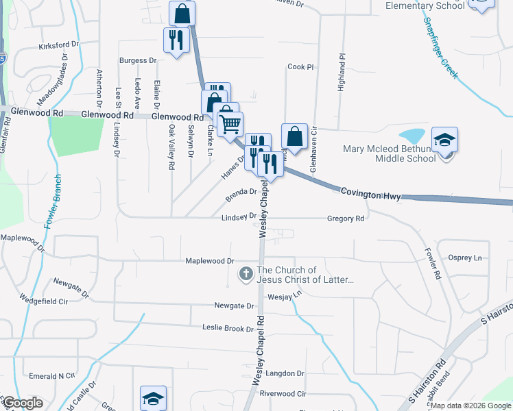 map of restaurants, bars, coffee shops, grocery stores, and more near 4272 Lindsey Drive in Decatur
