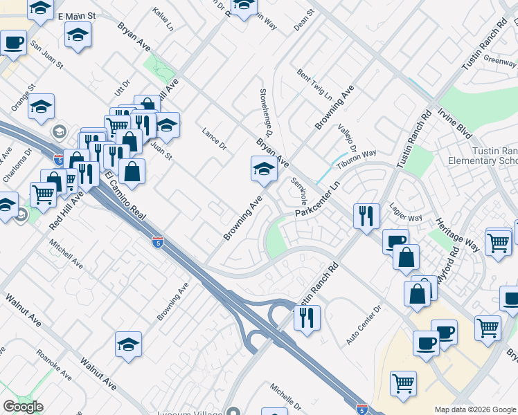 map of restaurants, bars, coffee shops, grocery stores, and more near 13679 Iroquois in Tustin