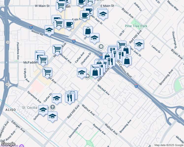 map of restaurants, bars, coffee shops, grocery stores, and more near 1400 Mitchell Avenue in Tustin