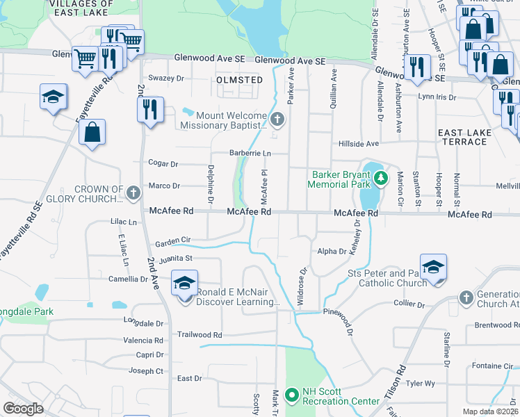 map of restaurants, bars, coffee shops, grocery stores, and more near 2011 McAfee Place in Decatur
