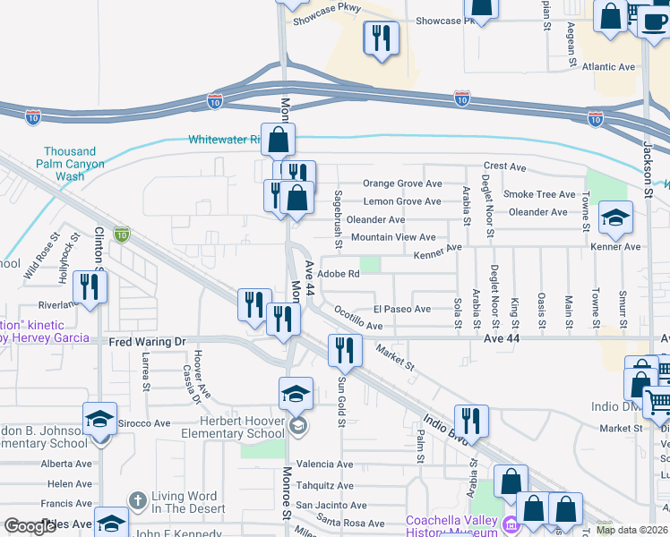 map of restaurants, bars, coffee shops, grocery stores, and more near 82130 Adobe Road in Indio